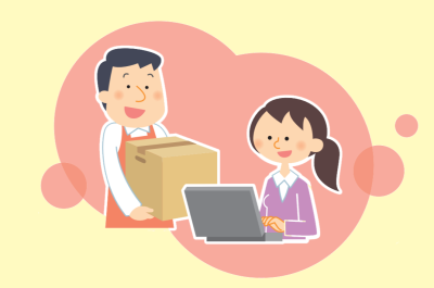 a cartoon depiction of a man carrying a box and a woman on a laptop