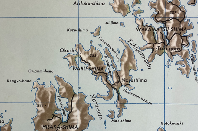A close-up selection from a printed map showing Narushima Island.