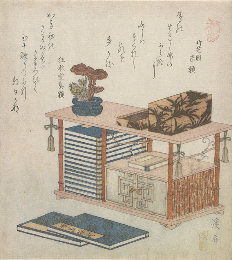 Surimono woodblock print illustrating a nineteenth century Japanese book cabinet.
