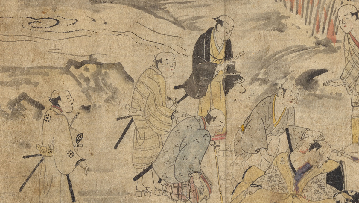 A painted manuscript illustration of several samurai gathering to look on one man who is kneeling and has blood on his neck and chest.