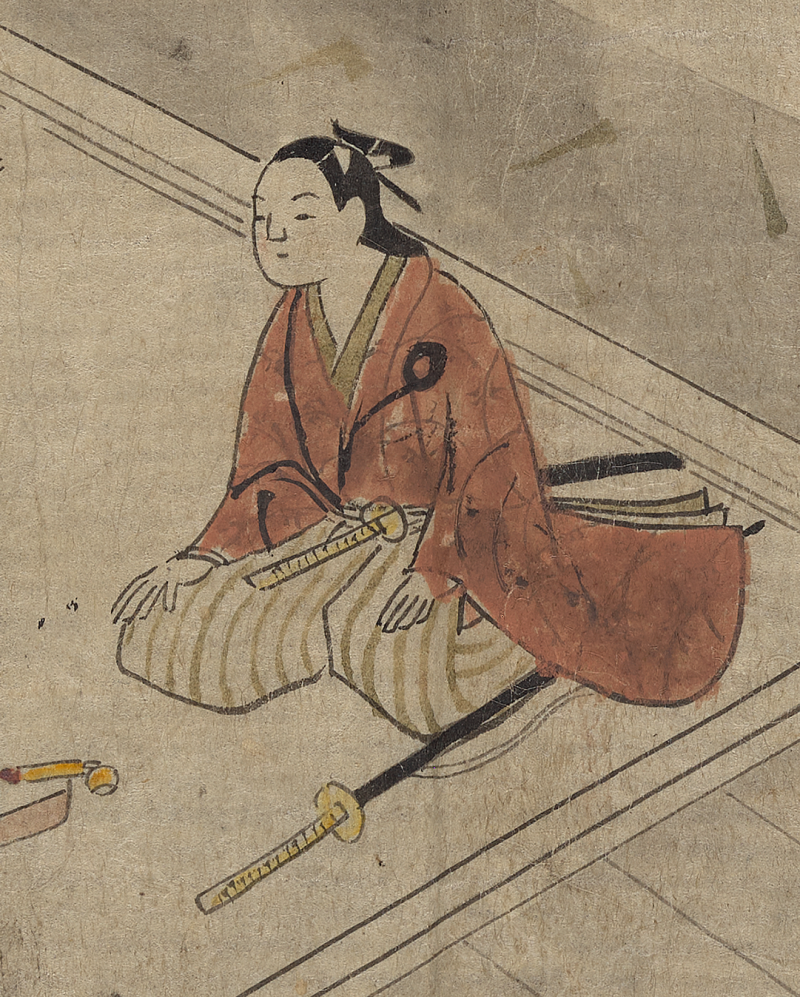 A painted image from the manuscript of Genta, seated with a sword at his side. He is wearing an orange-ish red top coat with yellow and white striped bottoms.