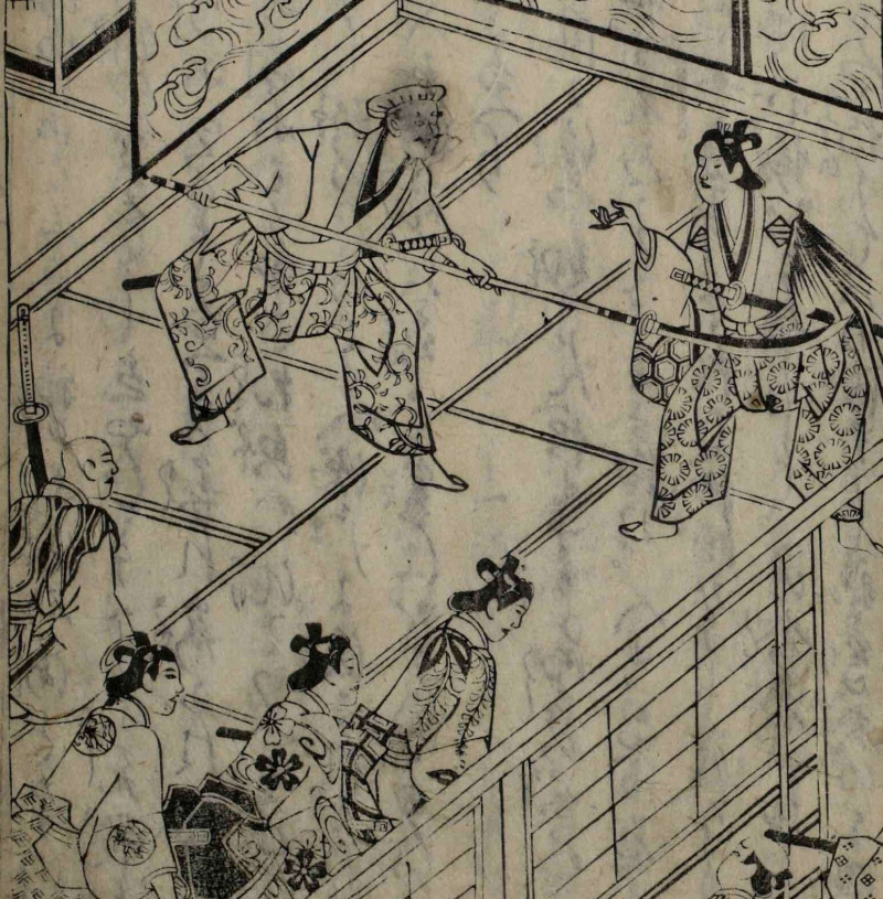 A excerpt from a black and white image of an older samurai man approaching a youthful samurai boy while brandishing a naginata as several others look on.