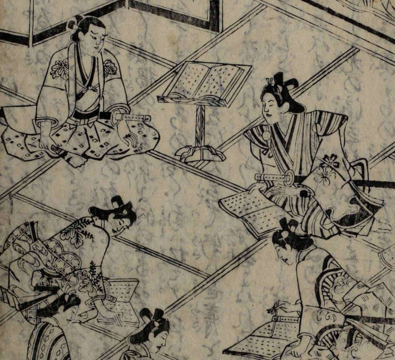 A excerpt of a black and white image of several samurai youths sitting around reading books together.