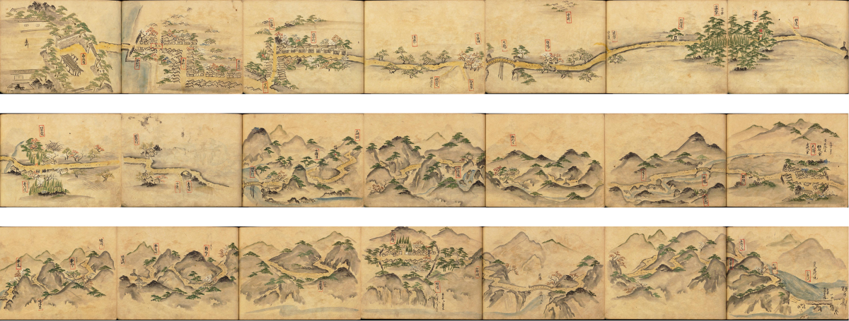Three parallel rows of images representing the road to Edo through Yonezawa. The images are a continuous representation of traveling across a road, through mountains and trees, as well as the city, suggesting the scenery a traveler would pass through.