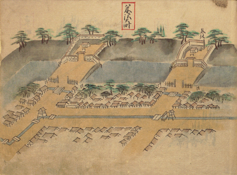 An excerpt of a painting of Yonezawa, showing small clusters of houses and trees, watch towers, and a moat.