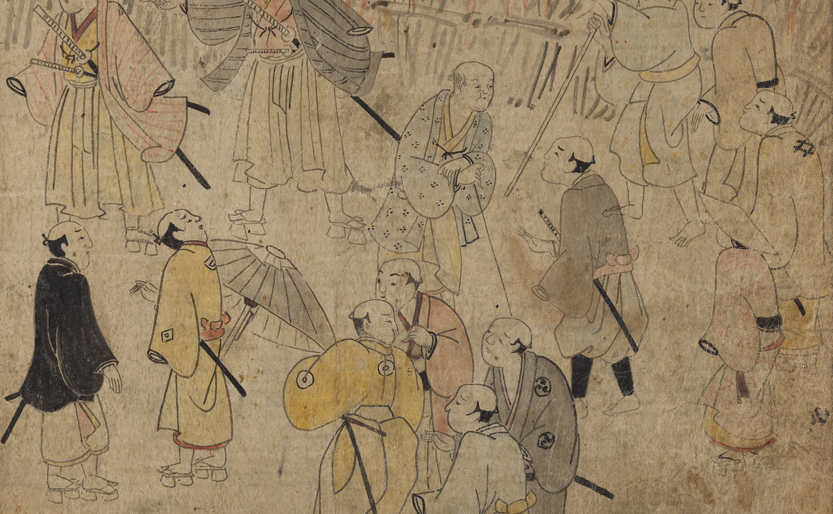 A painting in the manuscript of roughly one dozen samurai mingling about on the street gossiping with one another.