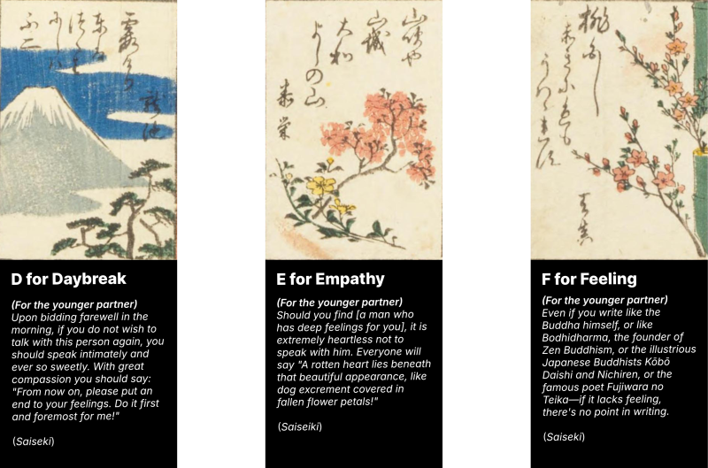 Three colored paintings of plant and mountain scenery sitting atop segments of love guides for younger and older partners.