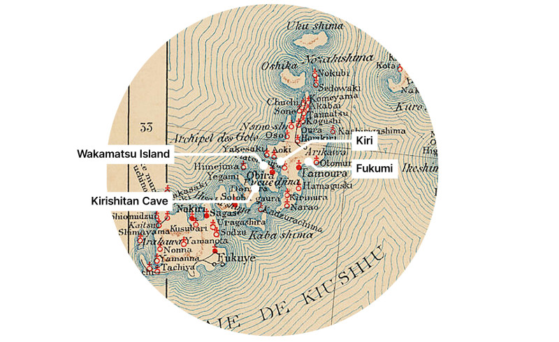 A circular selection of a historical map of Kyushu, annotated with locations mentioned in the Ozaki Interview.