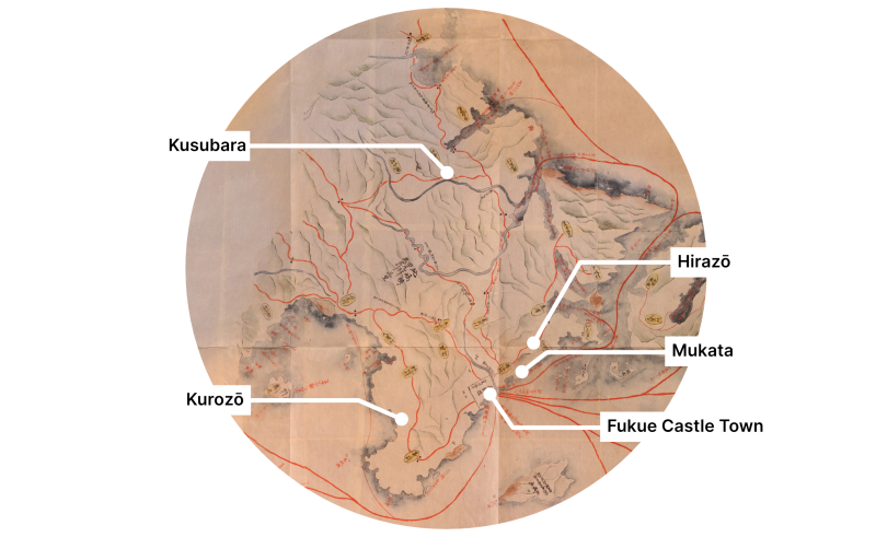 A circular selection of a historical map of Fukue Island, with several early landing places of Kirishitan's annotated.