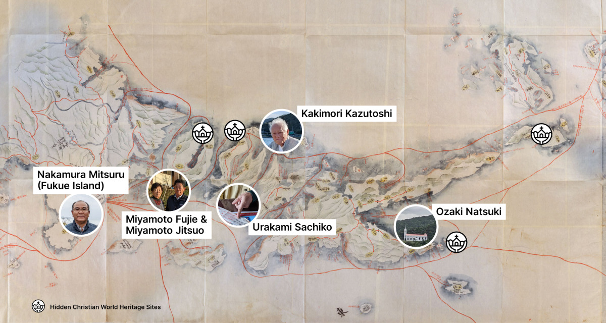 Historical map of Gotō overlaid with icons marking Hidden Christian world heritage sites and circles with photographs and names of the project interviewees.