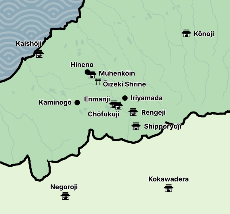 A close-up graphic map of central Izumi Province, with several villages, temples, and shrines included.