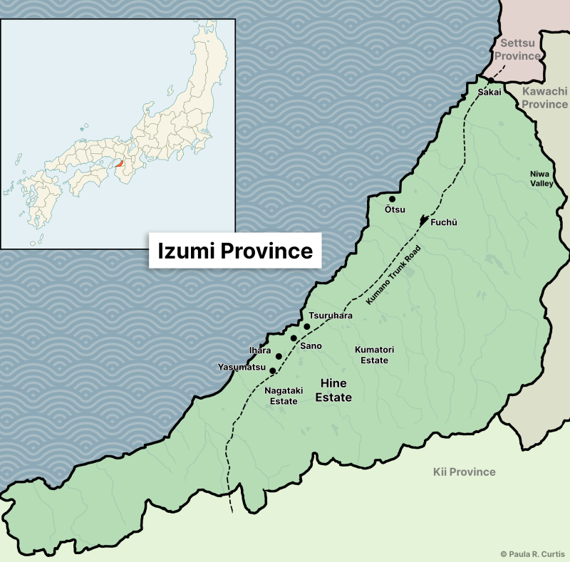 A graphic, stylized map of Izumi Province with some key locations that appear in the diary, focusing on Hine Estate.