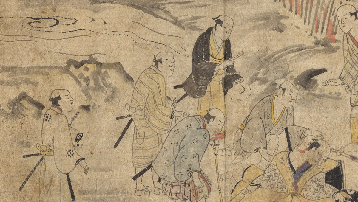 A painted manuscript illustration of several samurai gathering to look on one man who is kneeling and has blood on his neck and chest.