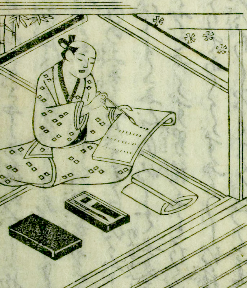 A printed image in black and white of a man writing a love letter to a youth.