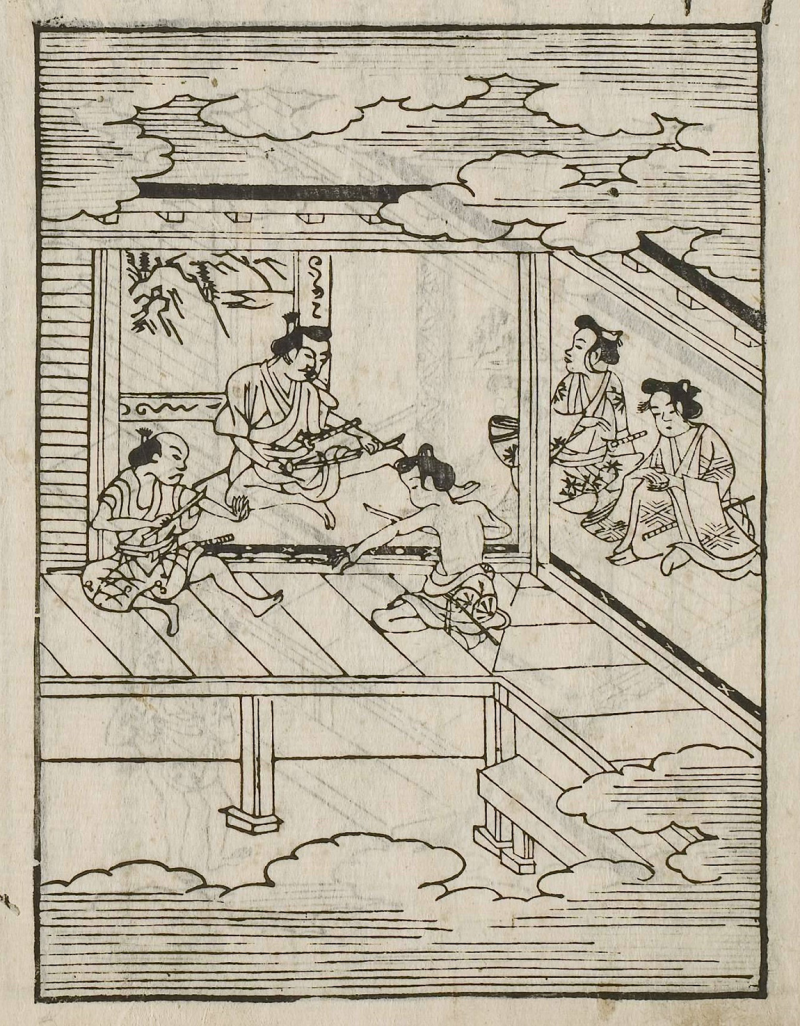 A printed black and white image of two adult samurai and a youth cutting their upper arms and thigh with a blade while two others watch.