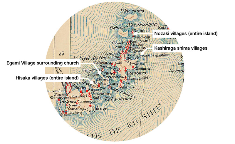 A circular selection of a historical map of Kyushu, with locations mentioned in the Miyamotos Interview annotated.