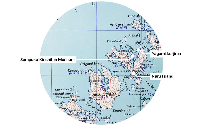 A circular selection of a map of Naru Island, north of Hisaka, with locations mentioned in Kakimori interview annotated.