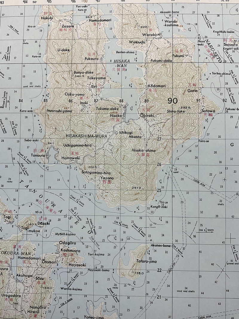 A section of a US Army government map of of Hisaka Island with major sites and land elevation marked.