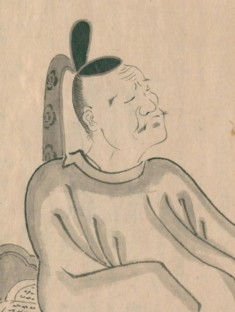 A black and gray line painting against tan paper of an older man with a black cap on leaning back with his eyes closed looking contemplative.