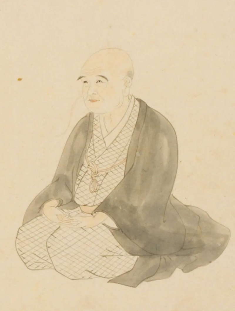 A black and gray line painting against tan paper of an older bald man in traditional Japanese clothes kneeling with his hands in his lap.