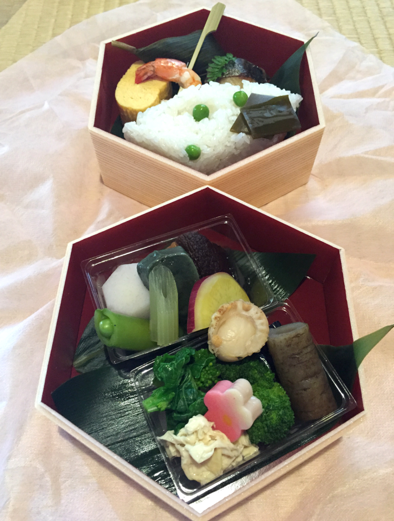 Two small hexagonal boxes are filled with food such as rice, egg roll, and cooked vegetables.
