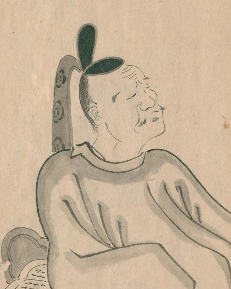 A black and gray line painting against tan paper of an older man with a black cap on leaning back with his eyes closed looking contemplative.