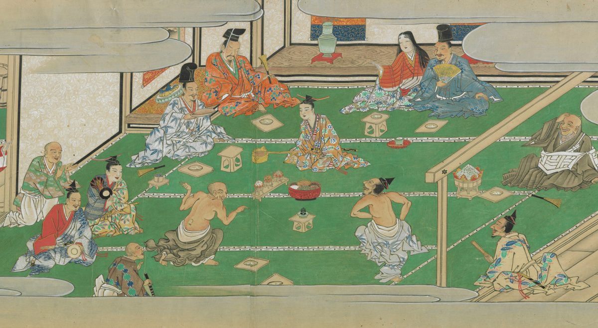 An early modern Japanese color painting of a party gathering in a tatami room. Men and women in brightly colored outfits share conversation and various trays and dishes of food and sake are spread out around them.
