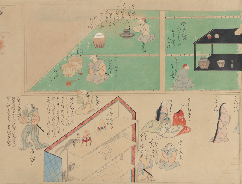 An early modern Japanese color painting of humanoid rat figures dressed in people clothes preparing and eating food. There is calligraphic writing by each of their heads.