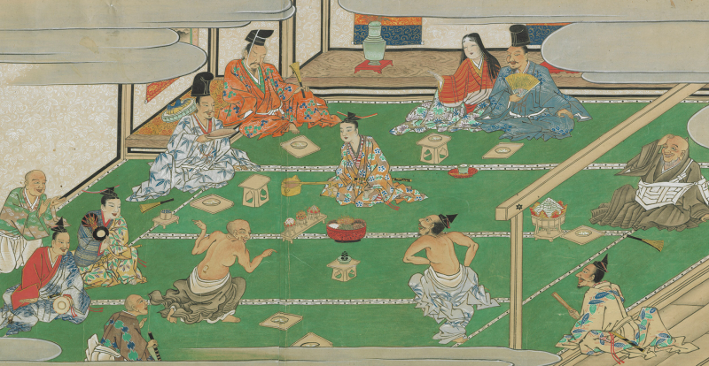 An early modern Japanese color painting of a party gathering in a tatami room. Men and women in brightly colored outfits share conversation and various trays and dishes of food and sake are spread out around them.