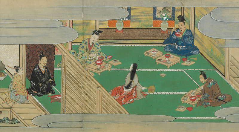 An early modern Japanese color painting of a party gathering in a tatami room. Men and women in brightly colored outfits share conversation and various trays and dishes of food and sake are spread out around them.