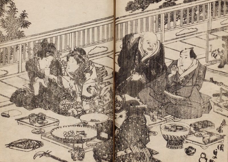A black and white print of five people sitting together for a meal, with two women to the left chatting with one another and sipping from a cup and two men to the right talking. There is someone with their back to the viewer in the foreground, and between them all are various dishes of food and drink.