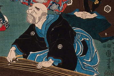 Woodblock print of a blind man playing koto instrument